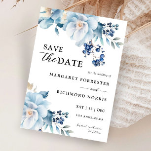 Dusty Blue Floral Winter Wedding Save the Date Einladung