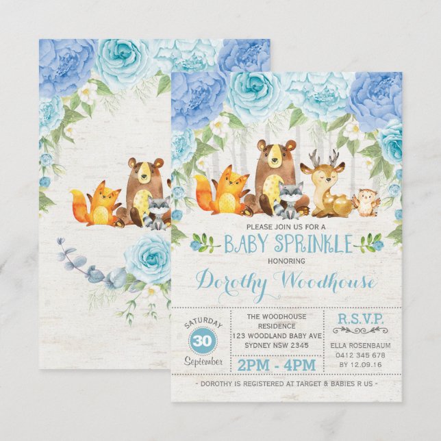 Dusty Blue Floral Woodland Animals Boy Baby Dusche Einladung (Vorne/Hinten)