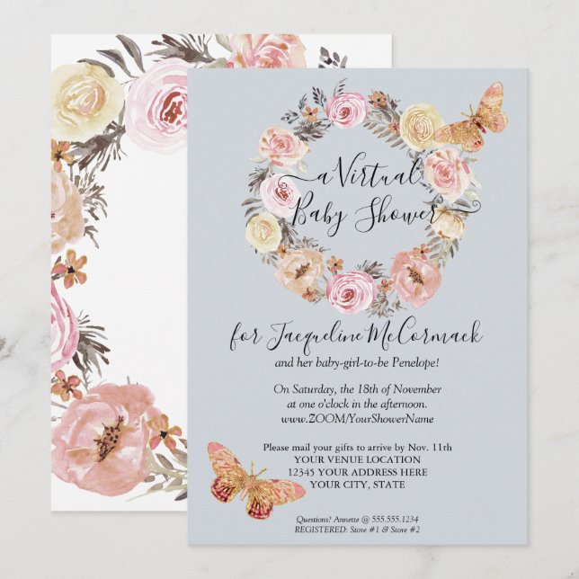Dusty Blue Floral Wreath Butterfly Virtual Dusche Einladung (Vorne/Hinten)