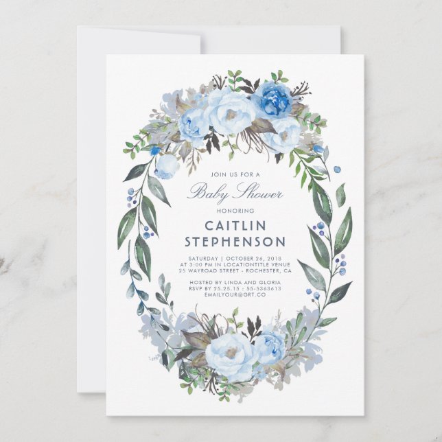 Dusty Blue Floral Wreath Elegant Baby Dusche Einladung (Vorderseite)