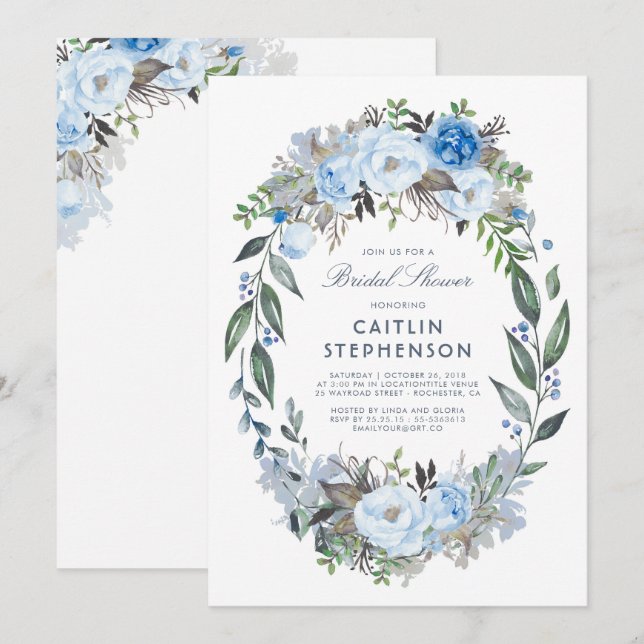 Dusty Blue Floral Wreath Elegantes Brautparty Einladung (Vorne/Hinten)