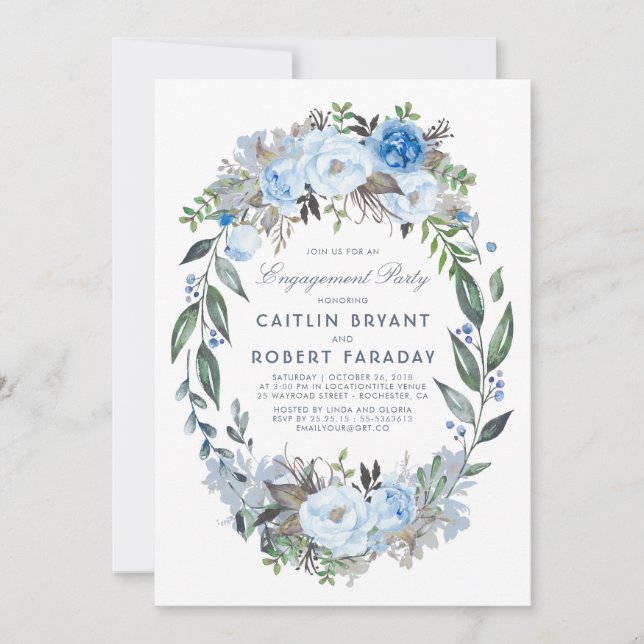 Dusty Blue Floral Wreath Engagement Party Einladung (Vorderseite)
