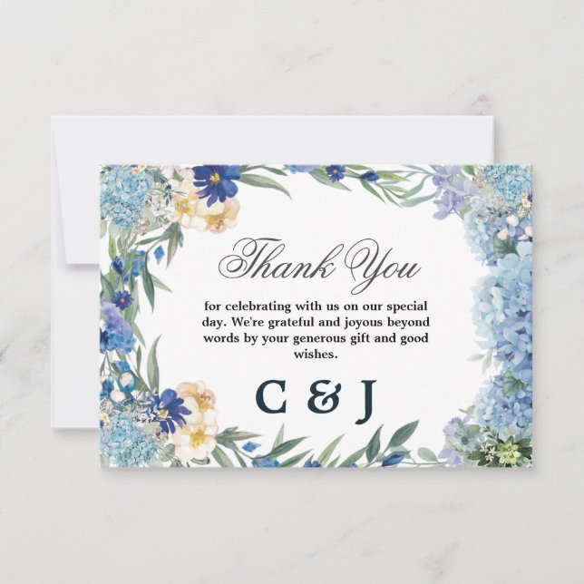 Dusty Blue Floral Wreath Greenerity Wedding Dankeskarte (Vorderseite)