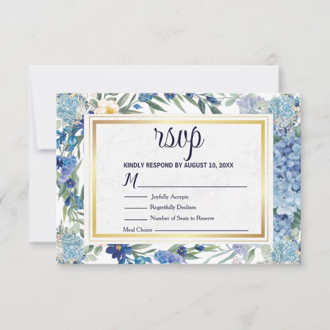 Dusty Blue Floral Wreath Greenerity Wedding RSVP Karte (Vorderseite)