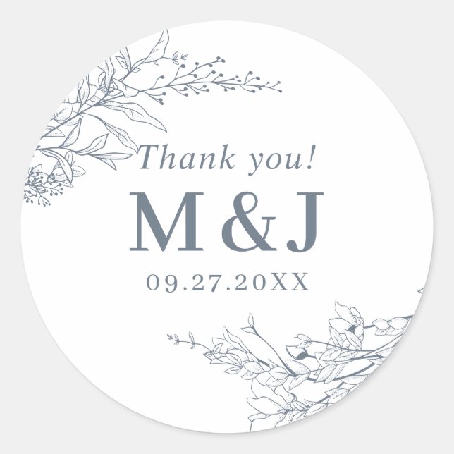 Dusty Blue Floral Wreath Monogram Vielen Dank Runder Aufkleber (Vorderseite)