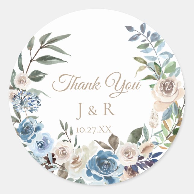 Dusty Blue Floral Wreath Personalisiert Wedding Runder Aufkleber (Vorderseite)