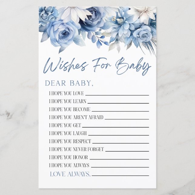 Dusty Blue Floral wünscht sich ein Baby Showspiel (Vorderseite)