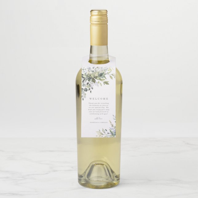 Dusty Blue Florals Begrüßung Flaschenbruch Flaschenanhänger (Auf Flasche)
