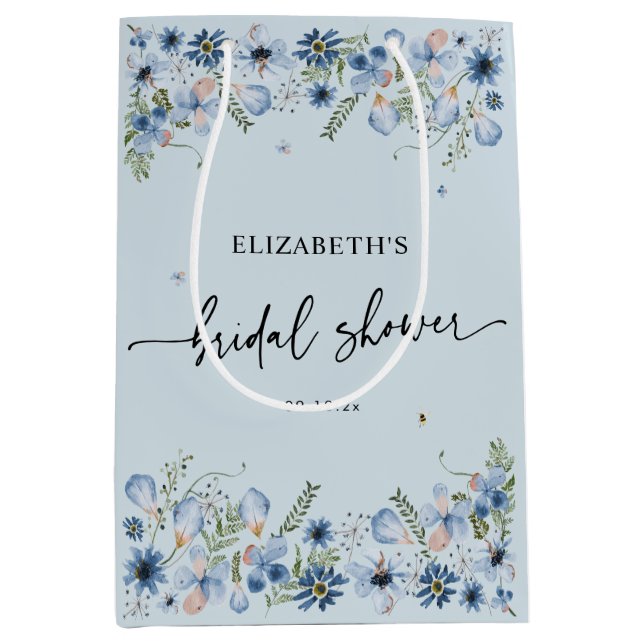 Dusty Blue Florals Brautparty Medium Geschenktasch Mittlere Geschenktüte (Vorderseite)