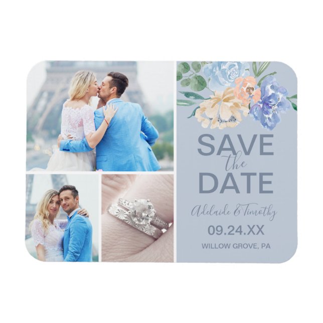 Dusty Blue Florals | Foto 3 Save the Date verschie Magnet (Horizontal)