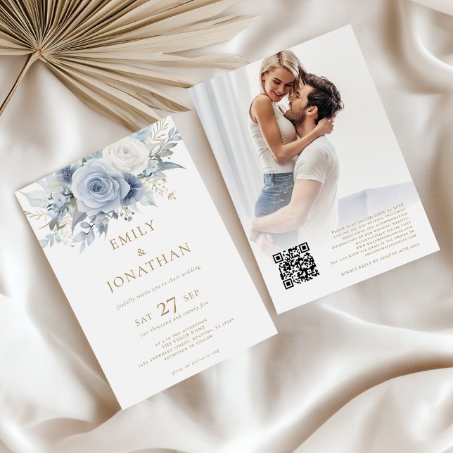 Dusty Blue Florals Foto Gold Text QR Code Hochzeit Einladung (Front and back view)