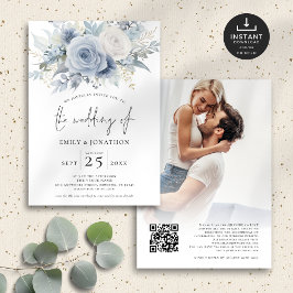 Dusty Blue Florals Foto Overlay QR Code Wedding Einladung
