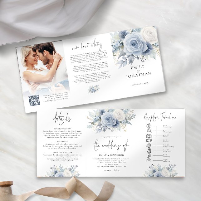 Dusty Blue Florals Foto QR Code Timeline Wedding Dreifach Gefaltete Einladung (Von Creator hochgeladen)