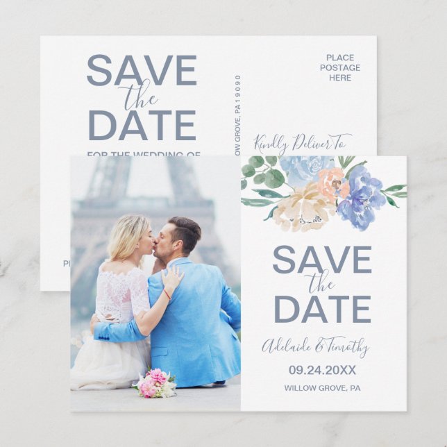 Dusty Blue Florals Foto Save the Date Postcard Ankündigungspostkarte (Vorne/Hinten)