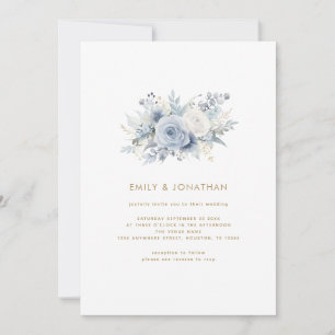 Dusty Blue Florals Gold Script QR Code Wedding Einladung