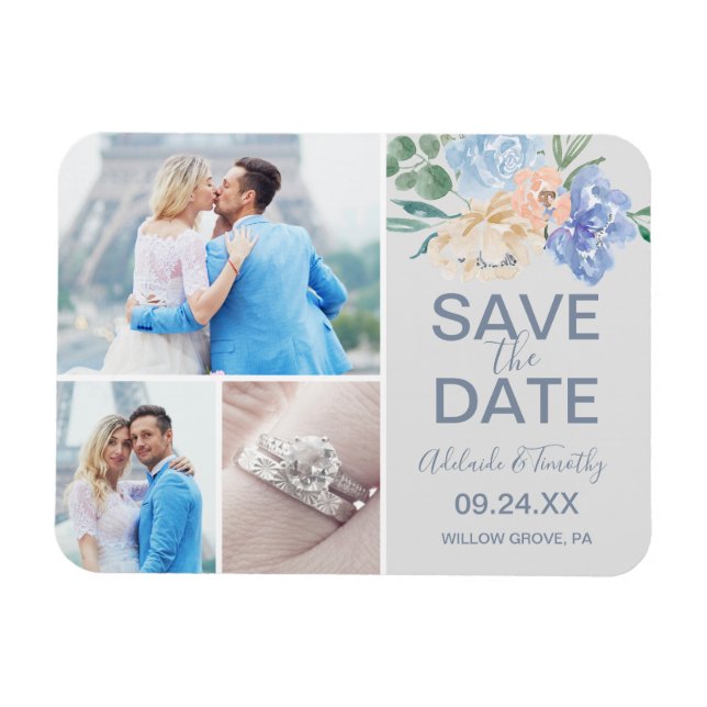 Dusty Blue Florals | Graues 3 Foto Save the Date Magnet (Horizontal)
