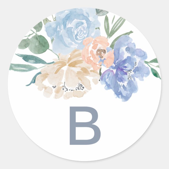Dusty Blue Florals Monogram Wedding Umschlag Aufkl Runder Aufkleber (Vorderseite)