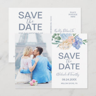 Dusty Blue Florals Photo Enregistrer la date Carte