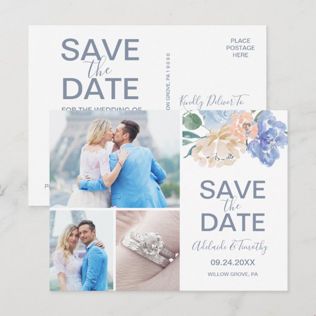 Dusty Blue Florals Save the Date 3 Foto Postkarte (Vorne/Hinten)