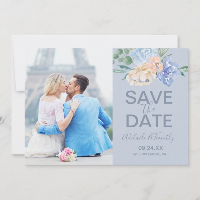Dusty Blue Florals | Schiefer Foto Save The Date (Vorderseite)