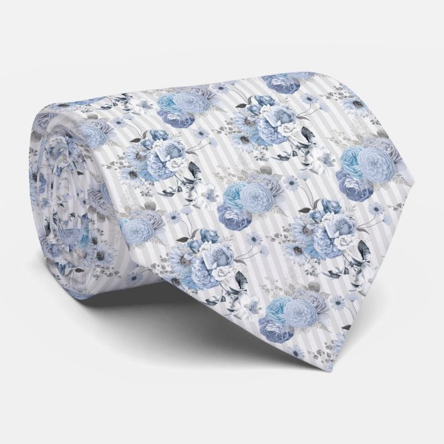 Dusty Blue Florals & Stripes - Neck Tie Krawatte (Gerollt)