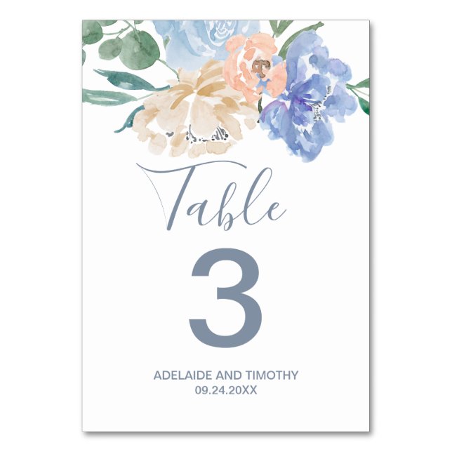 Dusty Blue Florals Tischnummer (Vorderseite)