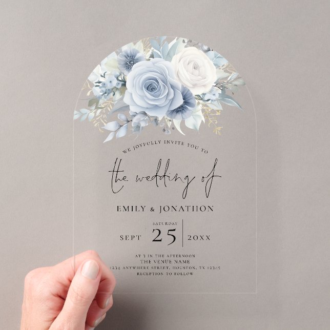 Dusty Blue Florals Wedding Acrylic Acryleinladungen (Insitu (Handheld))