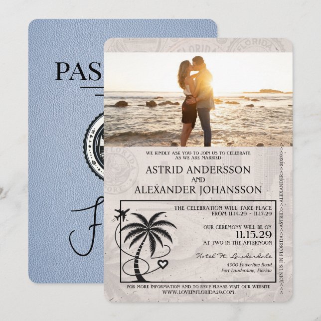 Dusty Blue Florida Passport Hochzeit Einladung (Vorne/Hinten)