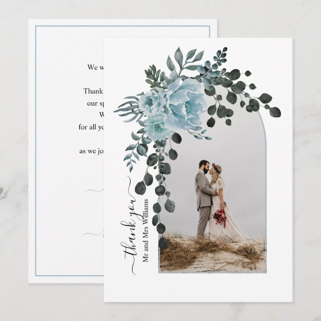 Dusty blue flowers, arch with foto wedding dankeskarte (Vorne/Hinten)