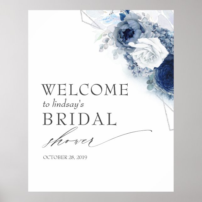 Dusty Blue Flowers Bridal / Baby Dusche Willkommen Poster (Vorne)
