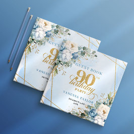 Dusty Blue Flowers Elegant Script 90th Birthday  Gästebuch