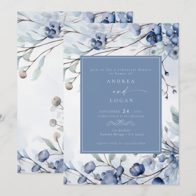 Dusty Blue Flowers | Elegantes Probe Dinner Einladung (Vorne/Hinten)