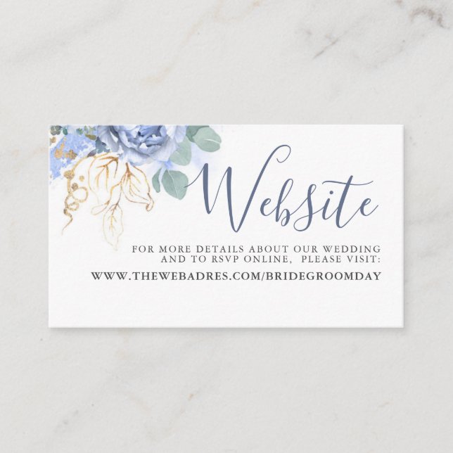 Dusty Blue Flowers Gold Green Wedding Website Begleitkarte (Vorderseite)