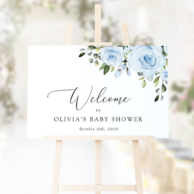 Dusty Blue Flowers, Greenery, Baby Shower Welcome Poster (Von Creator hochgeladen)