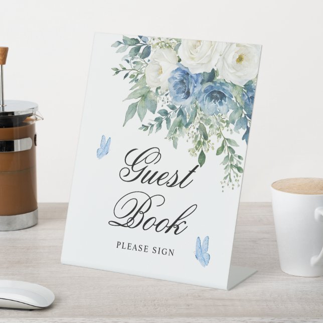 Dusty Blue Flowers Shower Guest Book Sign Sockelschild (In SItu)