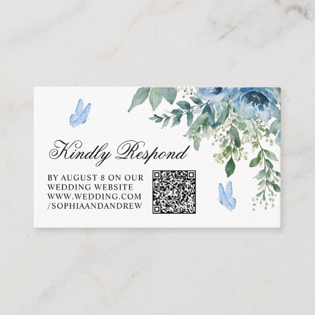 Dusty Blue Flowers Wedding QR Code RSVP Begleitkarte (Vorderseite)