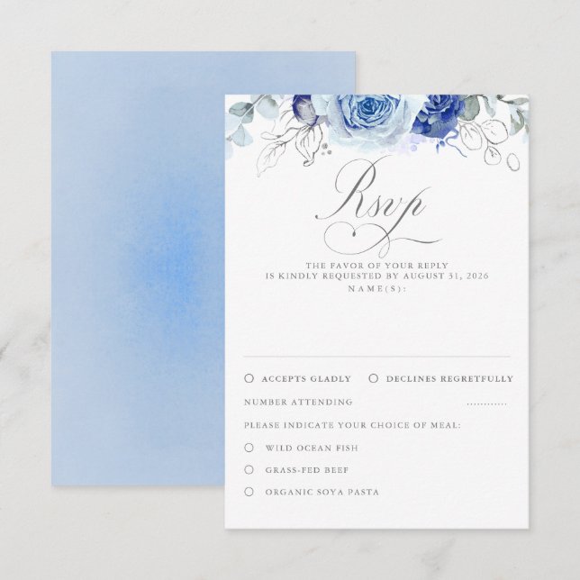 Dusty Blue Flowers Wedding RSVP (Devant / Derrière)