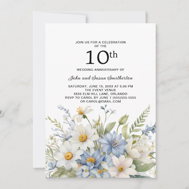 Dusty Blue Flowers White Daisies 10 Jahre Einladung (Vorderseite)