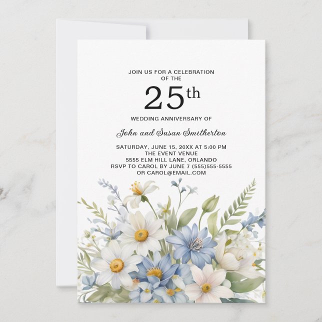 Dusty Blue Flowers White Daisies 25 Jahre Einladung (Vorderseite)