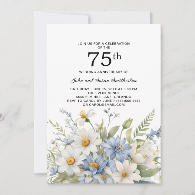 Dusty Blue Flowers White Daisies 75 Jahre Einladung (Vorderseite)