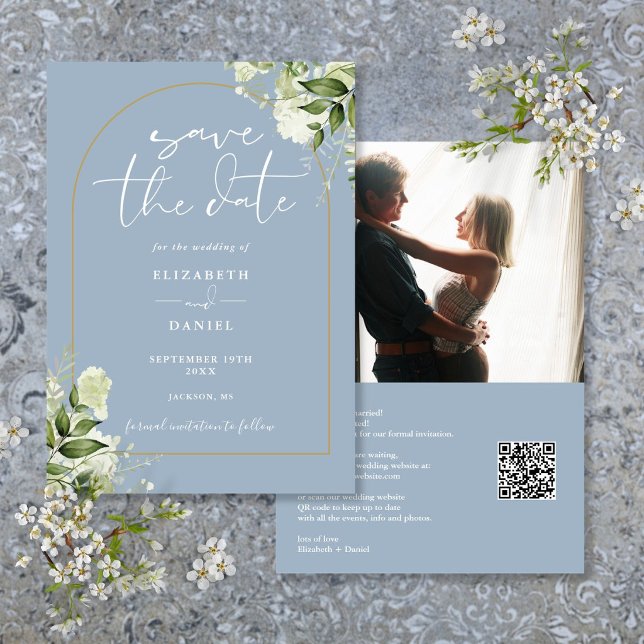 Dusty Blue Foliage Gold Arch Foto QR Code Wedding Save The Date (Dusty Blue Foliage Gold Arch Photo QR Code Wedding Save The Date)
