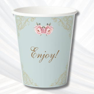 Dusty Blue Foral Rokoko Peony Baby Shower Pappbecher