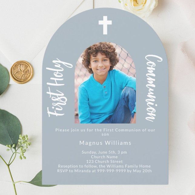 Dusty Blue Foto Boy First Holy Communion Einladung (Von Creator hochgeladen)