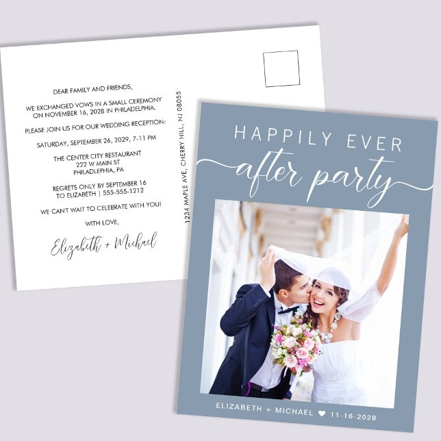 Dusty Blue Foto Elopement Hochzeitsempfang Einladungspostkarte (Von Creator hochgeladen)