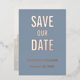 Dusty Blue Foto Overlay Save the Date Gold Folieneinladung