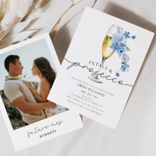 Dusty Blue Foto Petals & Prosecco Brautparty Einladung
