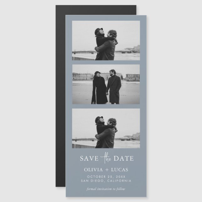 Dusty Blue Foto Strip Magnetic Wedding Magnetkarte (Vorne/Hinten)