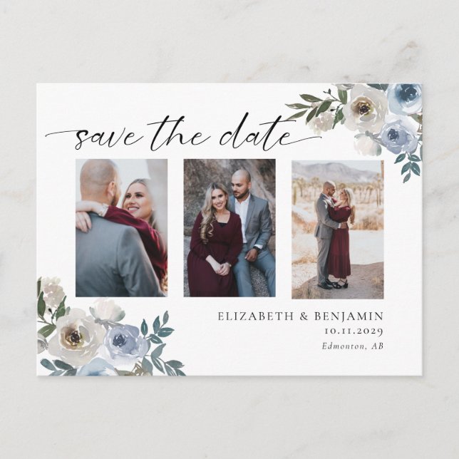 Dusty Blue Foto Wedding Save the Date Elegant Ankündigungspostkarte (Vorderseite)