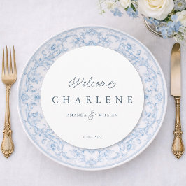 Dusty Blue French Round Wedding Menu Card Menükarte