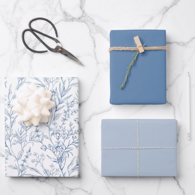Dusty Blue French Toile Chinoiserie Wrapping Paper Geschenkpapier Set (Vorderseite)